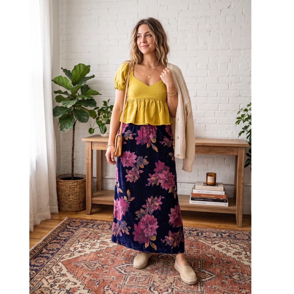 Coldwater Creek Floral Velvet Maxi Skirt Medium & AE Blouse Set